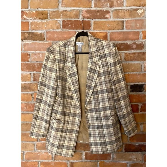 Vintage Jackets & Blazers - VINTAGE PRINCIPLES plaid neutral tan brown oversized blazer size medium
